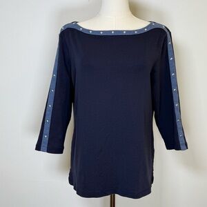 Karen Scott Studded Boat Neck Cotton Top Navy 3/4 Sleeve Women’s Petite Large